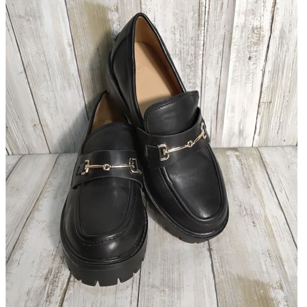 ZBY Black Leather Lug Sole Loafers Women's Size 5 Chunky Platform Horsebit shoe